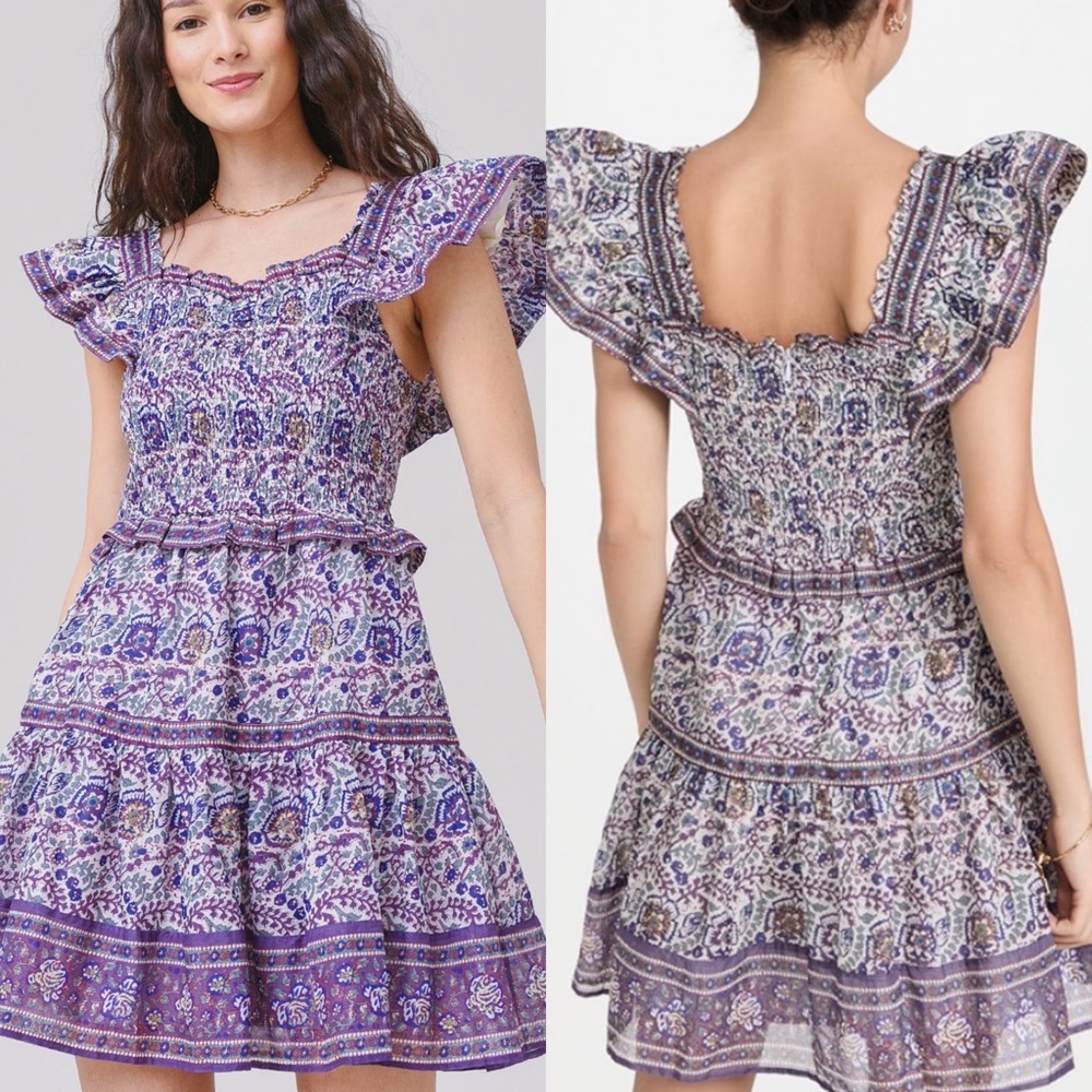 Sea Rosita Border Smocked Dress Floral Preppy Boho Classic Womens XS